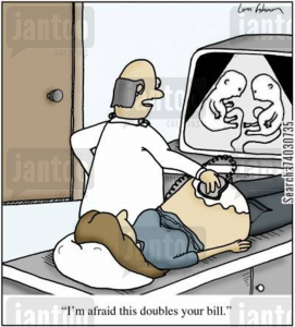 cartoon of doctor viewing two babies on ultrasound